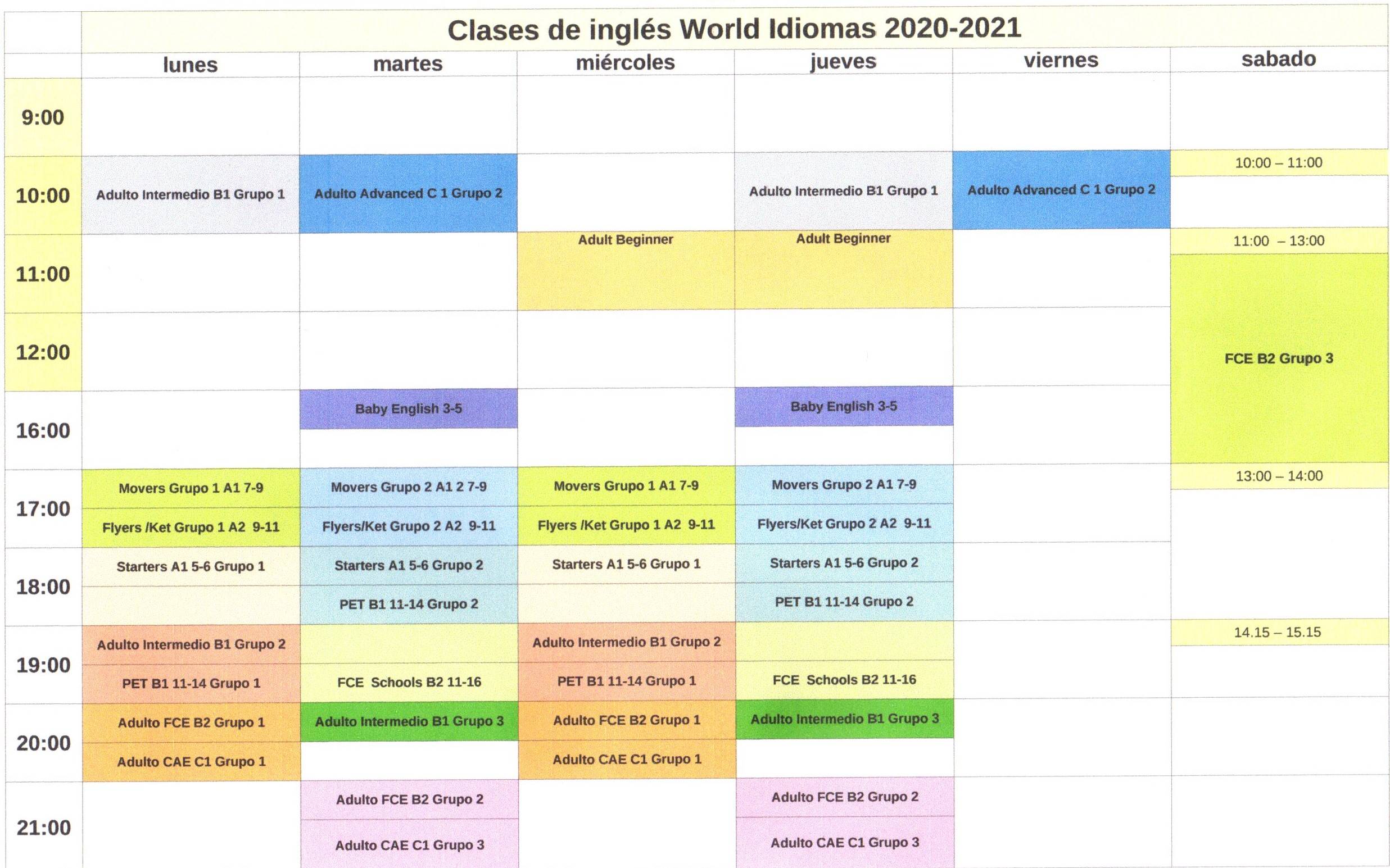 World Idiomas ingles chino academia nativo bien Aranjuez Madrid Ocana Ontigola Pinto Sesena Yepes calendario 2020 english classes Aranjuez