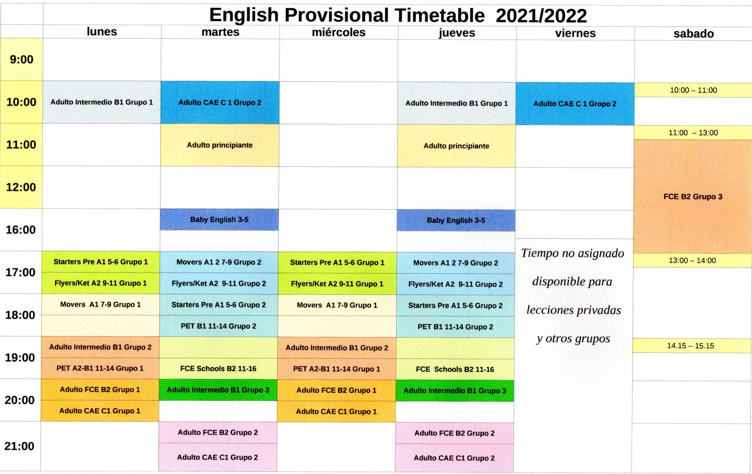 Inglés Aranjuez Horario de clases de inglés nativo 2021 Aranjuez